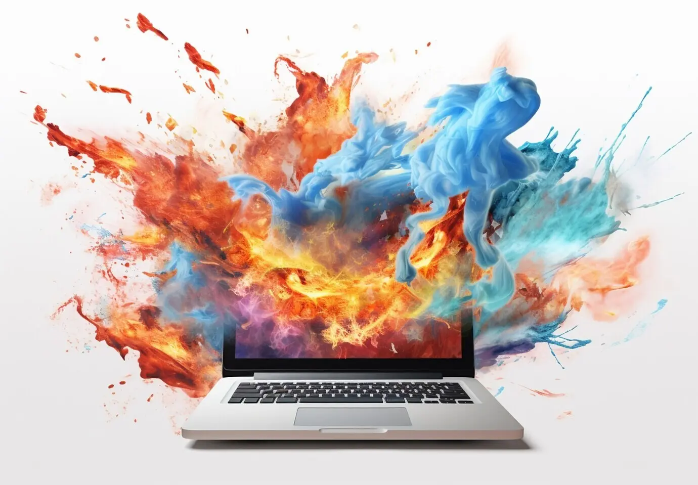 3D-Laptop in Brand mit bunten Flammen