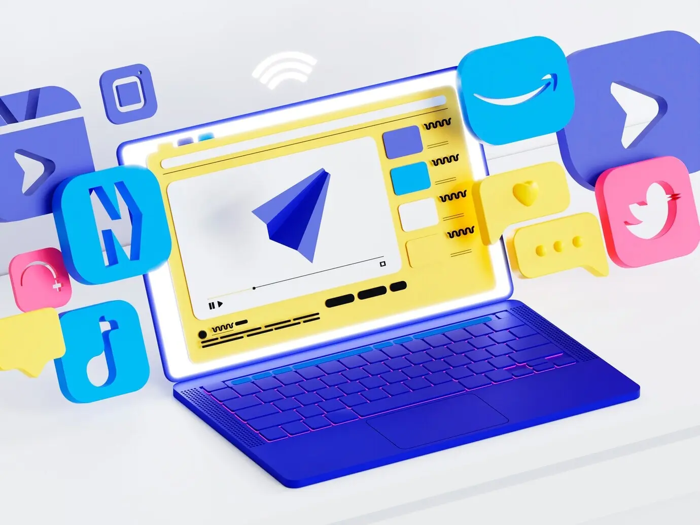 Kommunikations- und Social-Media-Icons auf einem Laptop-Gerät